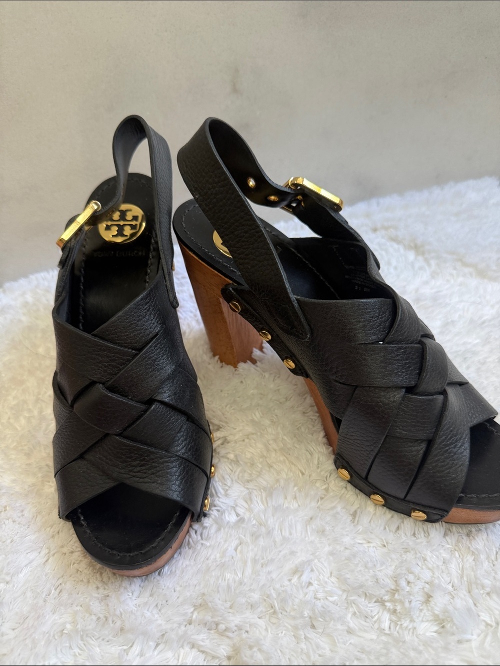 Tory Burch Black Leather Woven Slingback Heels with Gold Accents 8 1/2 New